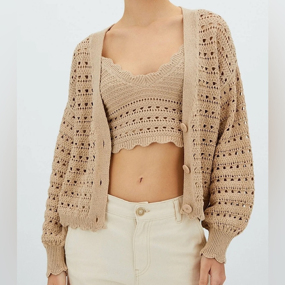 Dex Beige Knit Cardigan and Top Set